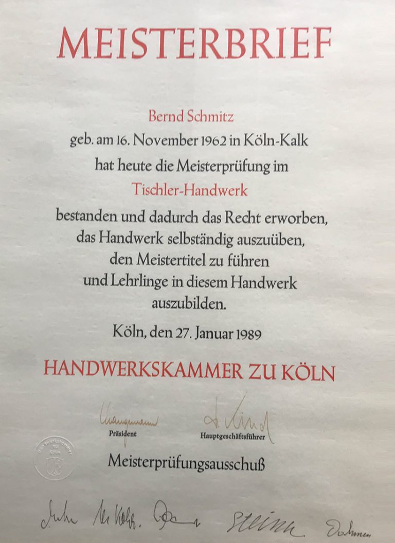 Meisterbrief Küchenstudio Schmitz mit Eintragung in Handelskammer